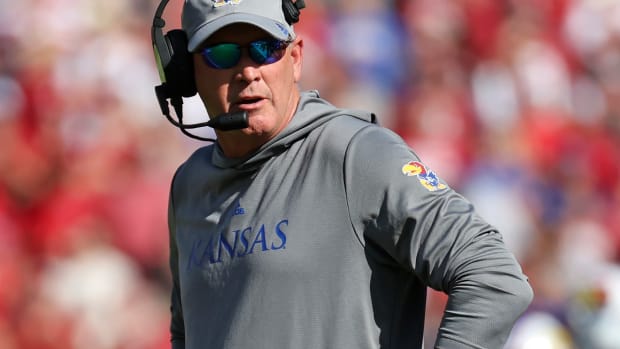 Oct 15, 2022; Norman, Oklahoma, USA; Kansas Jayhawks head coach Lance Leipold reacts during the game against the Oklahoma Sooners oma Memorial Stadium. Mandatory Credit: Kevin Jairaj-USA TODAY Sports